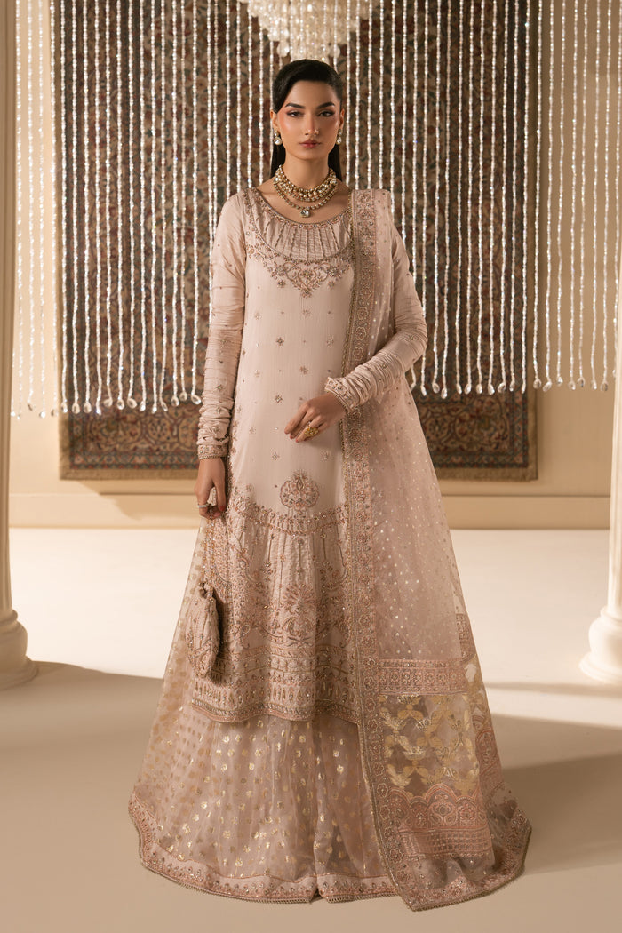 Mahbeer pale pink Nikkah bridal outfit by NAQSHI, full front view with raw silk shirt, organza sharara, organza dupatta and matching pouch, ready to wear 4-piece formal wedding dress.
