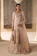 Mahbeer pale pink Nikkah bridal outfit by NAQSHI, full front view with raw silk shirt, organza sharara, organza dupatta and matching pouch, ready to wear 4-piece formal wedding dress.