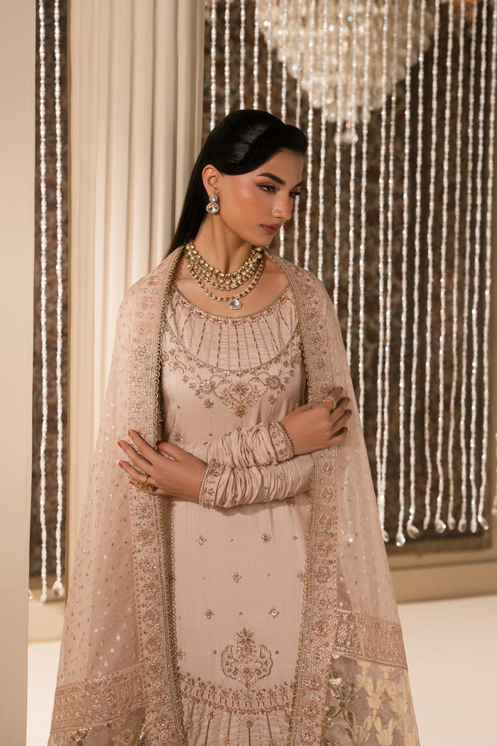 Upper body portrait of Mahbeer Nikkah dress highlighting neckline work and soft organza dupatta fall, elegant ready to wear bridal attire.