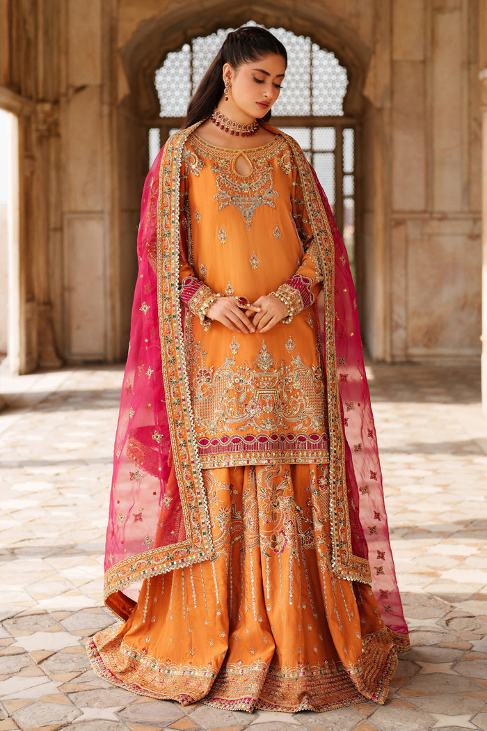 NAQSHI Mahzaeeb orange embroidered ready-to-wear formal 3-piece outfit with matching heavily embroidered shirt, sharara trousers and pink dupatta for weddings and party events.