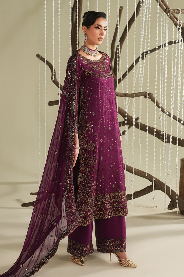 Deep plum formal 3 piece outfit with embroidered long shirt, PK raw silk culotte, and bordered dupatta, complete event wear look.