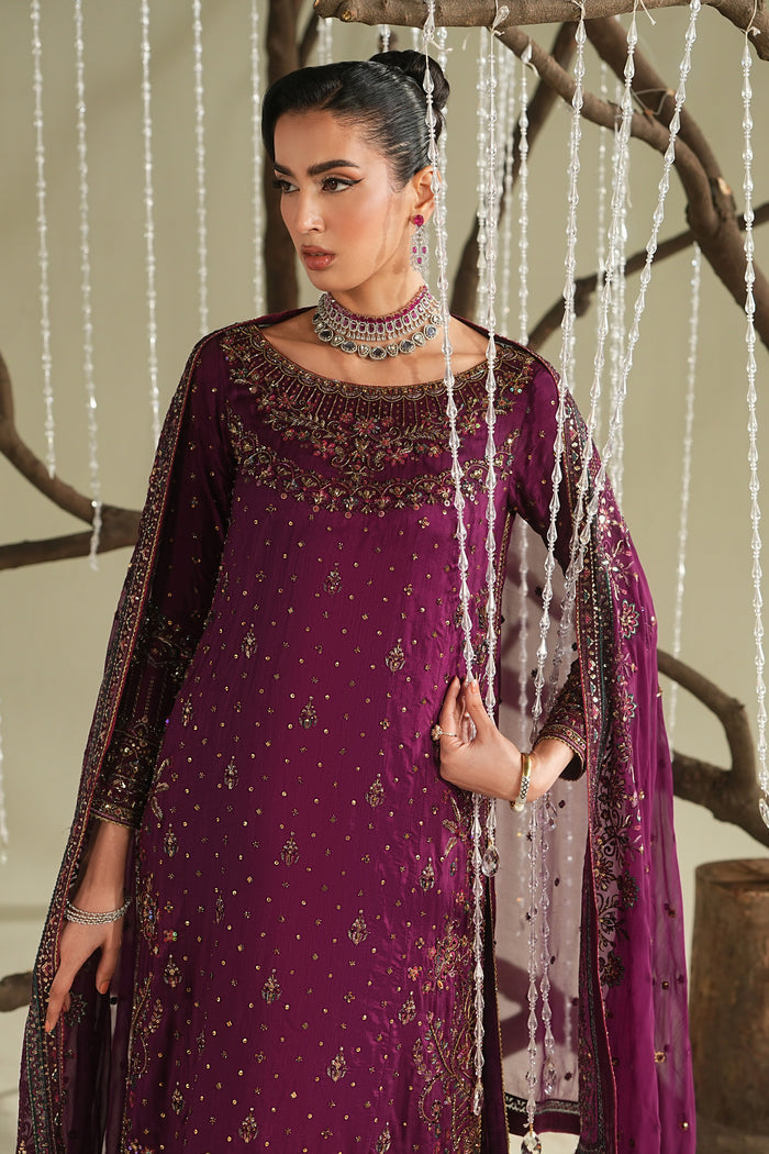 Deep plum formal ready-to-wear outfit with long shirt, culotte, and dupatta, styled look for weddings and formal gatherings.