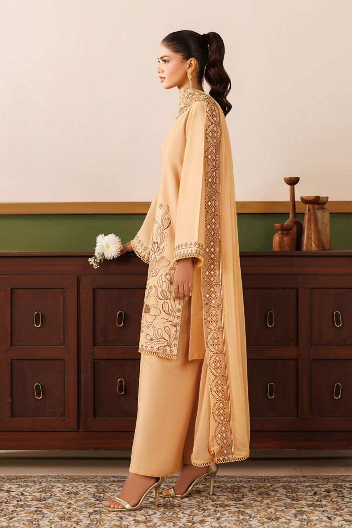 Side standing view of NAQSHI Melia outfit highlighting clean straight cut, wide hem culotte trousers, and balanced shape