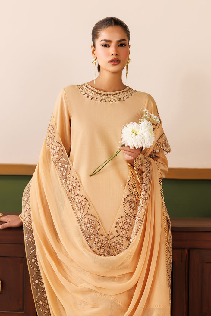 Front styling of NAQSHI Melia outfit showing crinkle dupatta with organza embroidery and soft beige finish