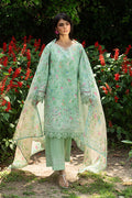 Menesa aqua green lawn 3 piece ready to wear outfit with white thread embroidery, culotte cambric trouser and digital cotton organza dupatta for summer day events