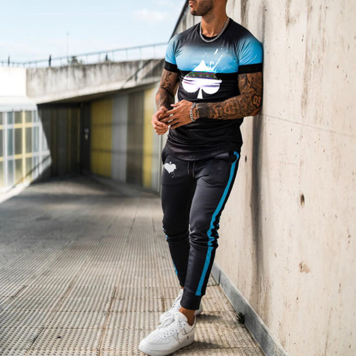 Men'S Blue Gradient Short-Sleeved T-Shirt And Pants Suit