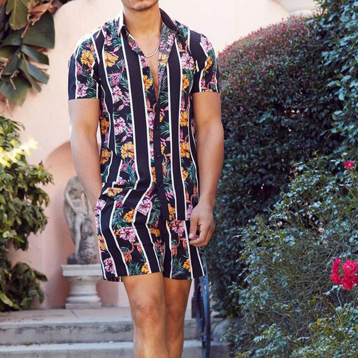Men'S Casual Flower Print Short Sleeve Suit