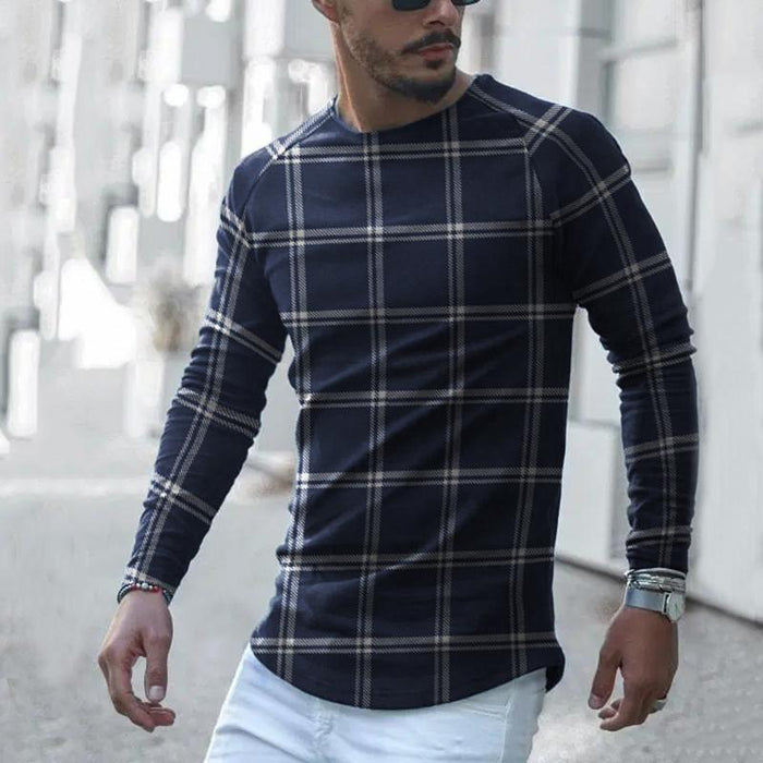 Men'S Casual Round Neck Plaid T-Shirt