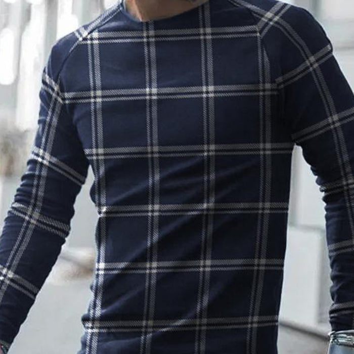 Men'S Casual Round Neck Plaid T-Shirt