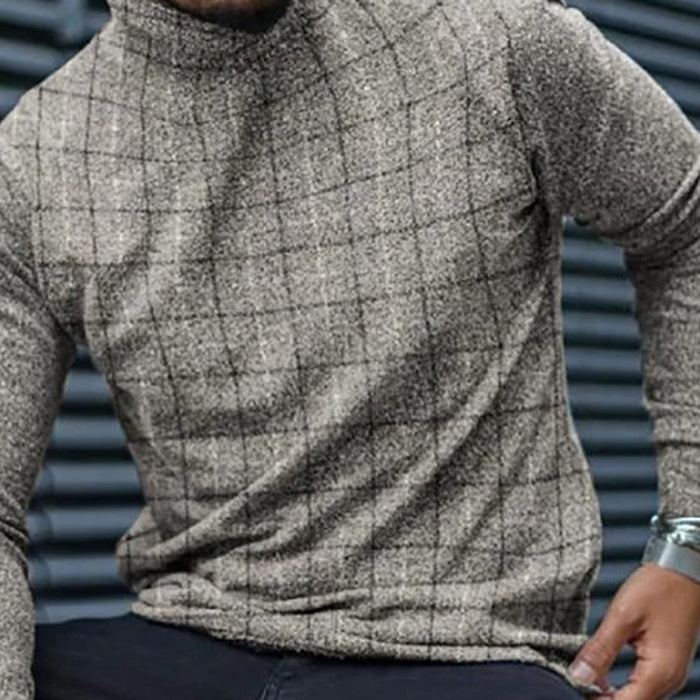 Men'S Fashion Casual Plaid High Neck Long Sleeve T-Shirt