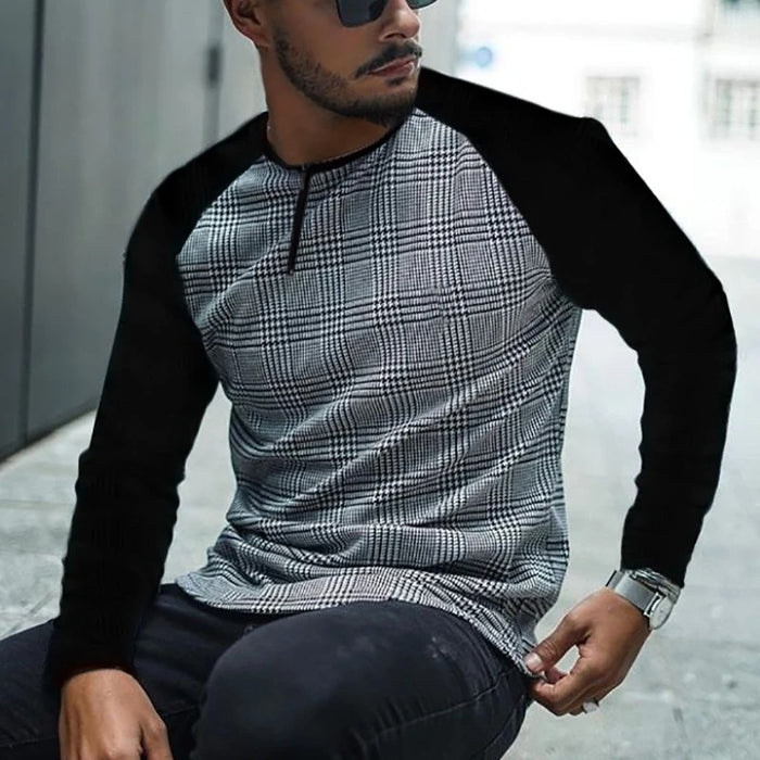 Men'S Fashion Patchwork Plaid Long Sleeve T-Shirt