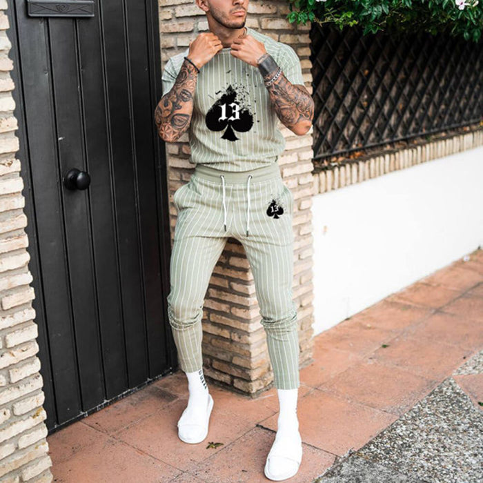 Men'S Spades Green Stripes Casual Two-Piece Suit