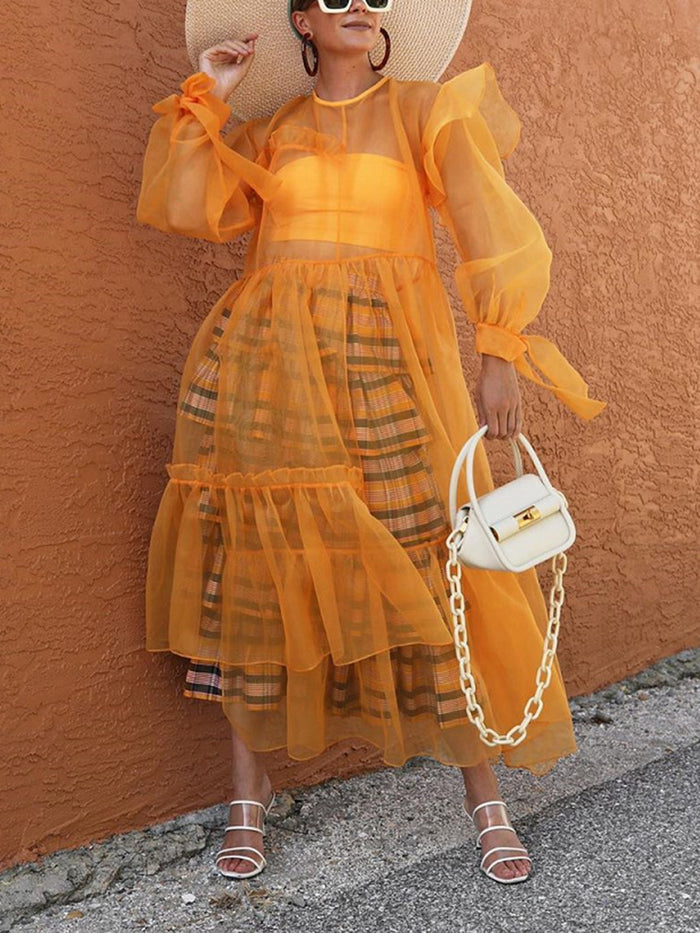 Mesh Stitching Long-sleeved Loose Dress
