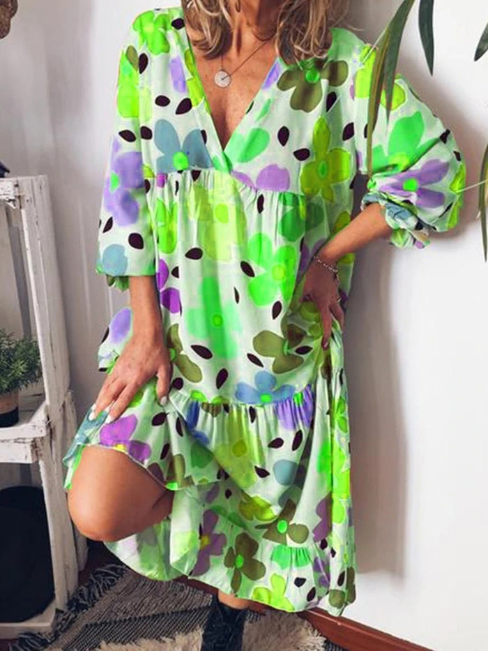 Mid-Calf Print Three-Quarter Sleeve Pullover Color Block Dress