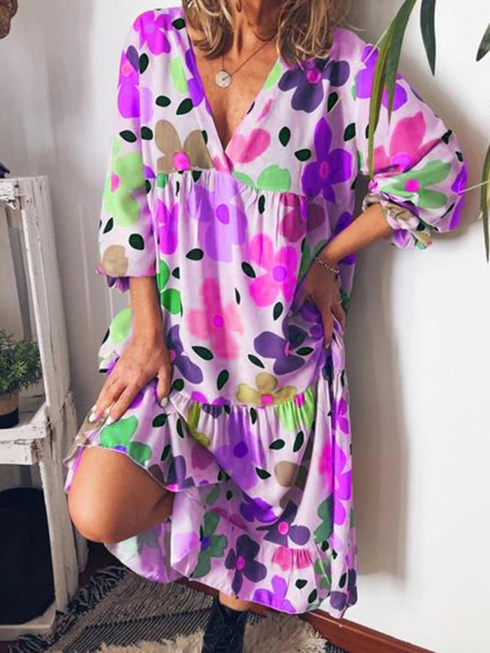 Mid-Calf Print Three-Quarter Sleeve Pullover Color Block Dress
