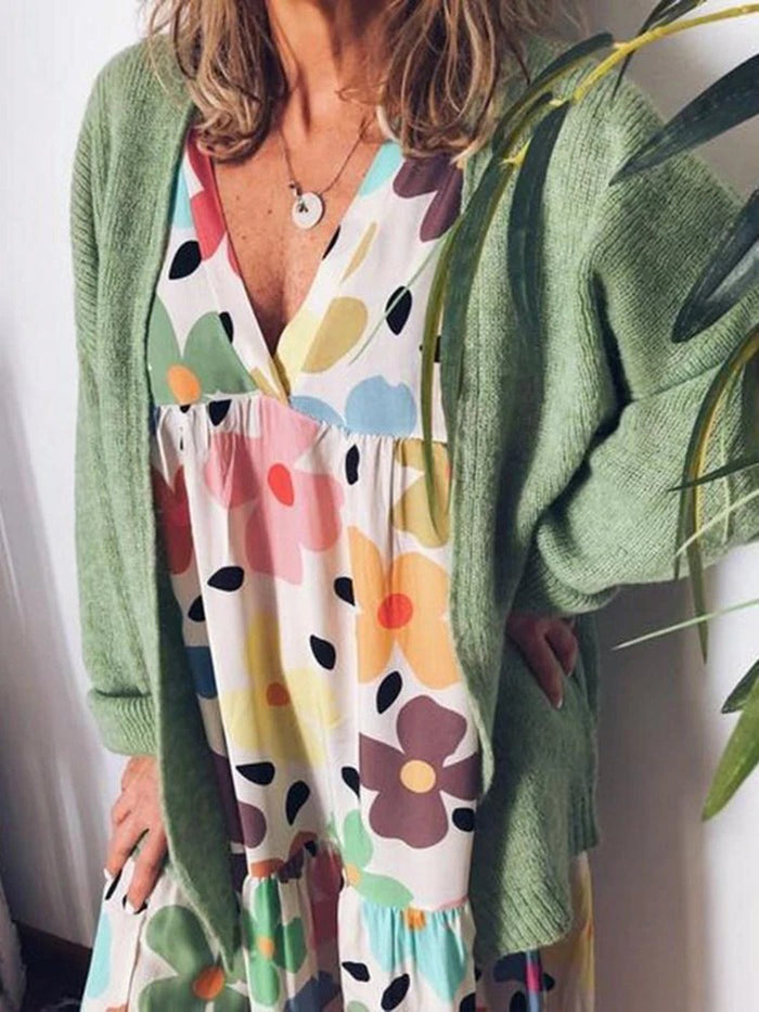 Mid-Calf Print Three-Quarter Sleeve Pullover Color Block Dress