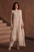 NAQSHI Minera dusty beige embroidered khadi net 3-piece luxury pret outfit with PK raw silk trousers and cotton organza dupatta from Aura collection