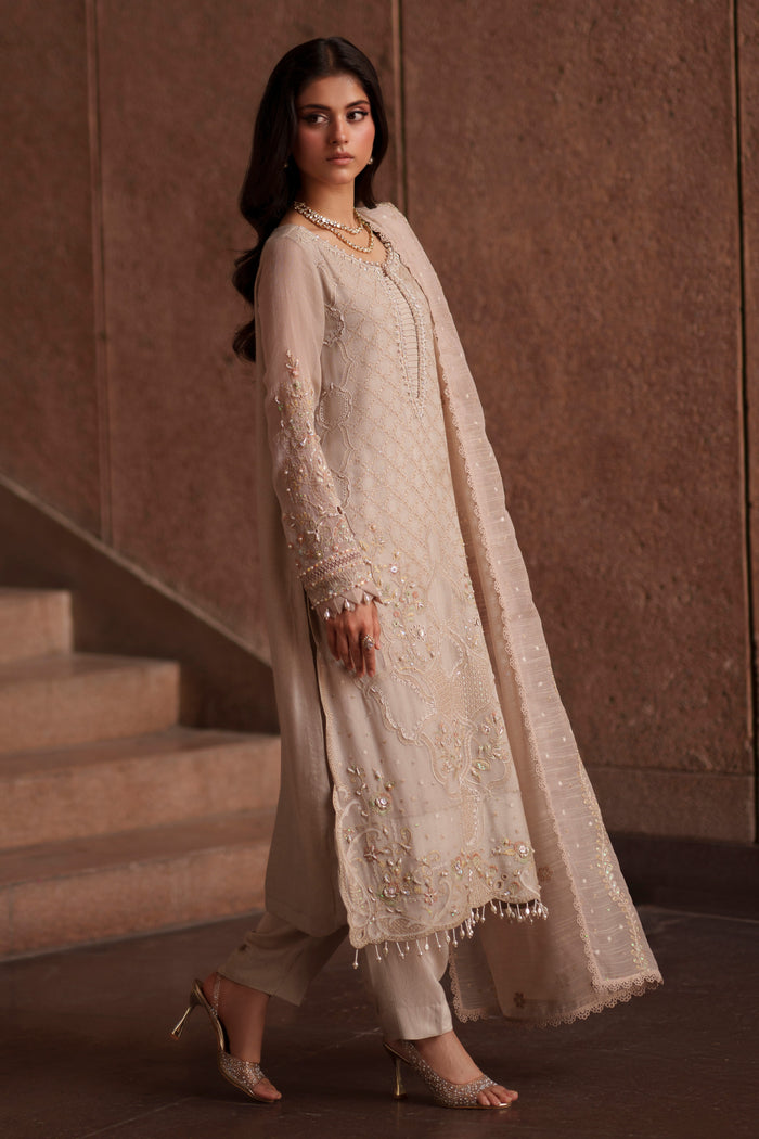 Full-length view of Minera dusty beige embroidered khadi net dress featuring flowing silhouette, straight trousers and embroidered cotton organza dupatta