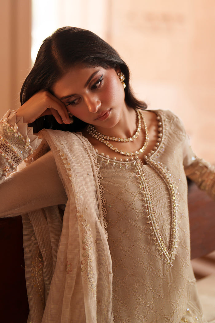 Close-up portrait of Minera dusty beige embroidered outfit highlighting detailed neckline embroidery, delicate embellishments and refined evening wear styling