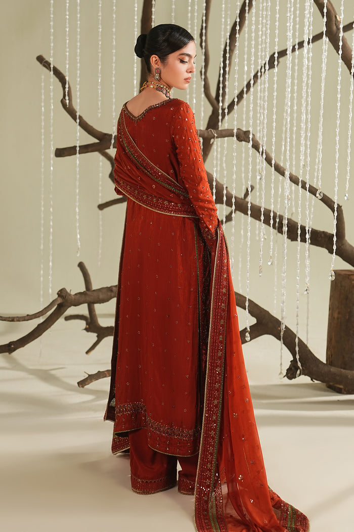 Rust orange long shirt back view with culotte and crinkle dupatta, soft flowy formal outfit for evening and special occasions