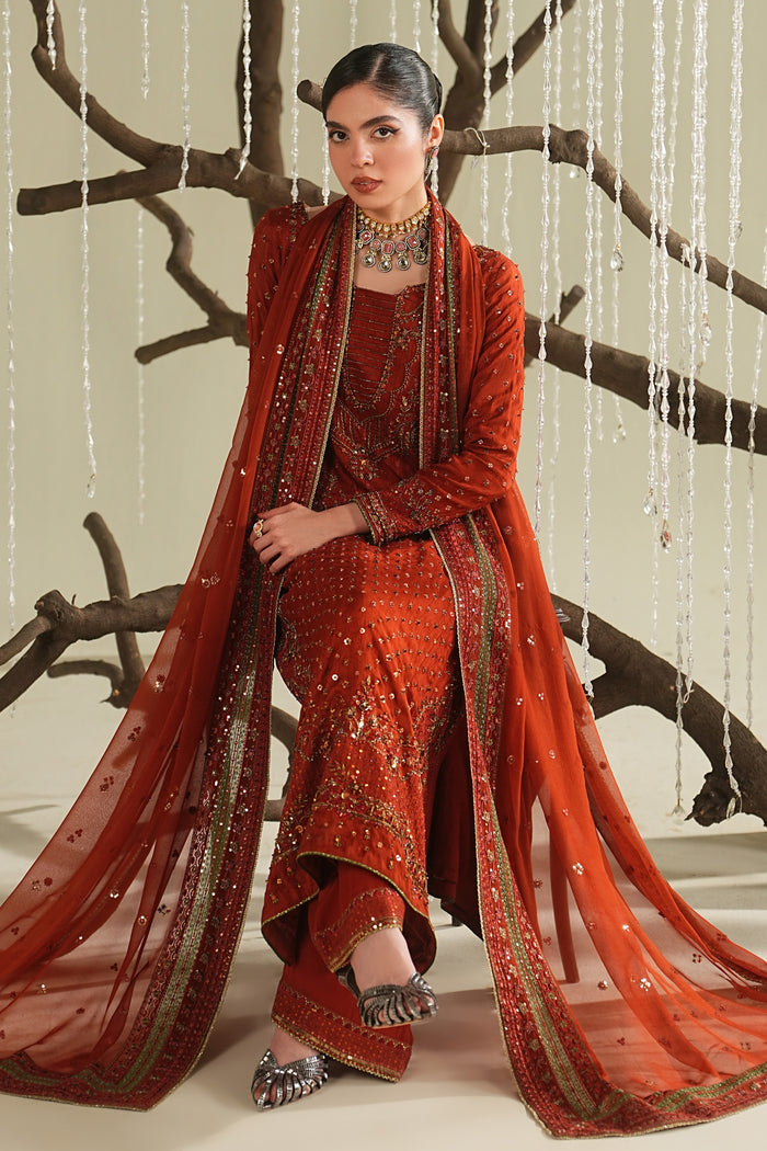 Rust orange formal 3 piece outfit with embroidered long shirt, PK raw silk culotte, and bordered dupatta, complete event wear look