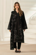 NAQSHI Moheeni front: straight‑cut black cambric shirt adorned with heavy embroidered borders, beaded neck pati, lace‑trim hem and straight pants