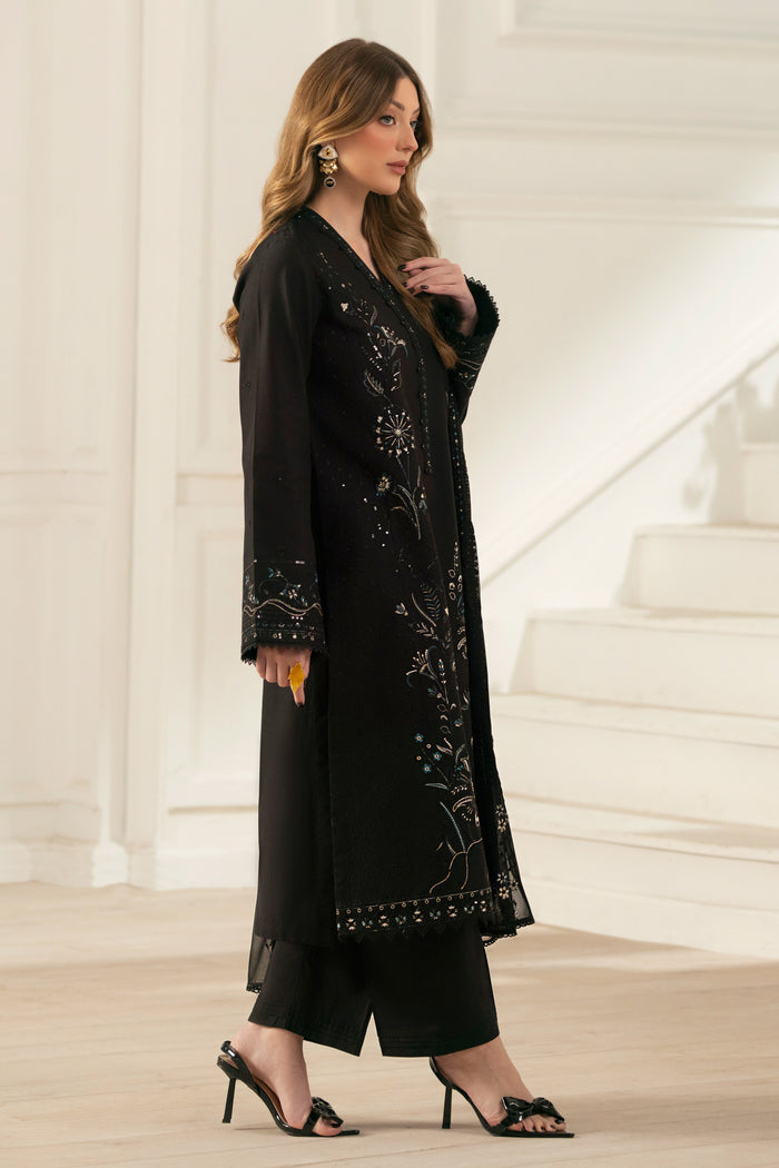 Side view of NAQSHI Moheeni showcasing cambric sleeve detailed with sequins, floral embroidery and lace finish at cuff