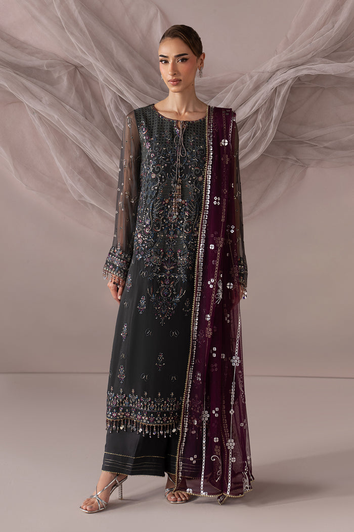 Moriah dark grey 3-piece semi-formal outfit with embroidered Crinkle shirt, PK Raw Silk culotte and deep plum Net dupatta in a full front view.