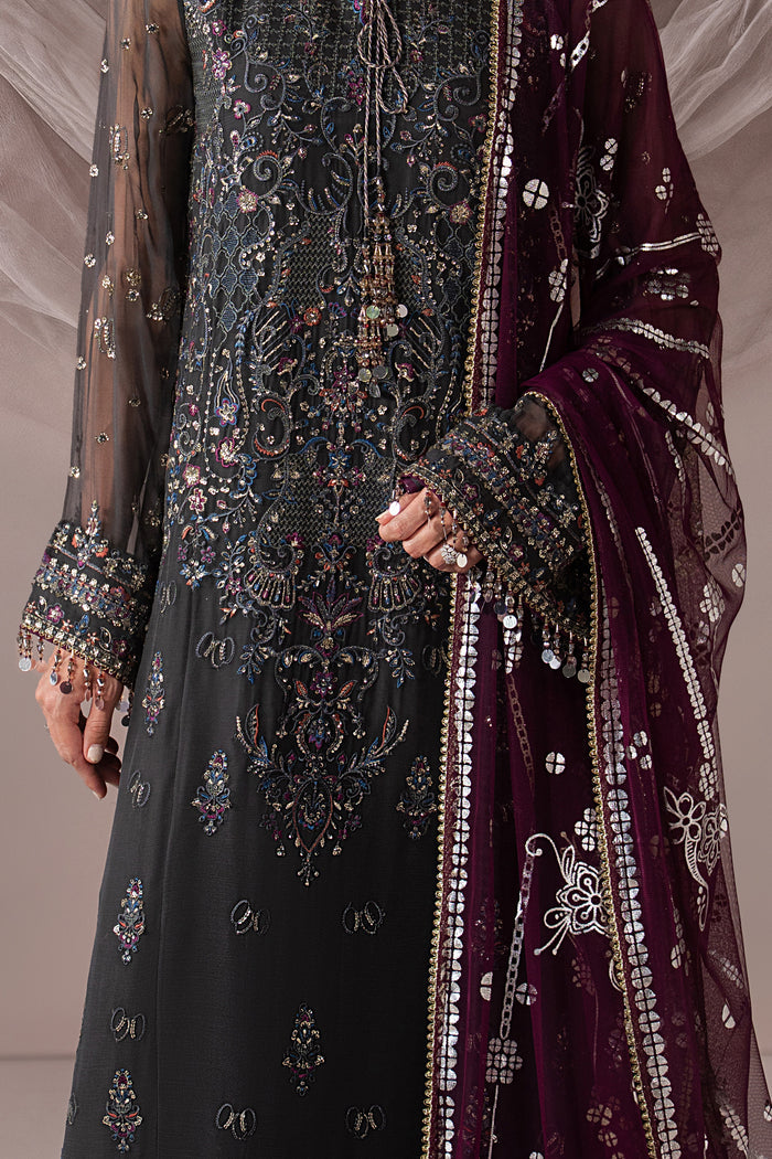 Close-up of Moriah showing tilla embroidery, sequins, bell sleeve detailing and the contrast plum Net dupatta.