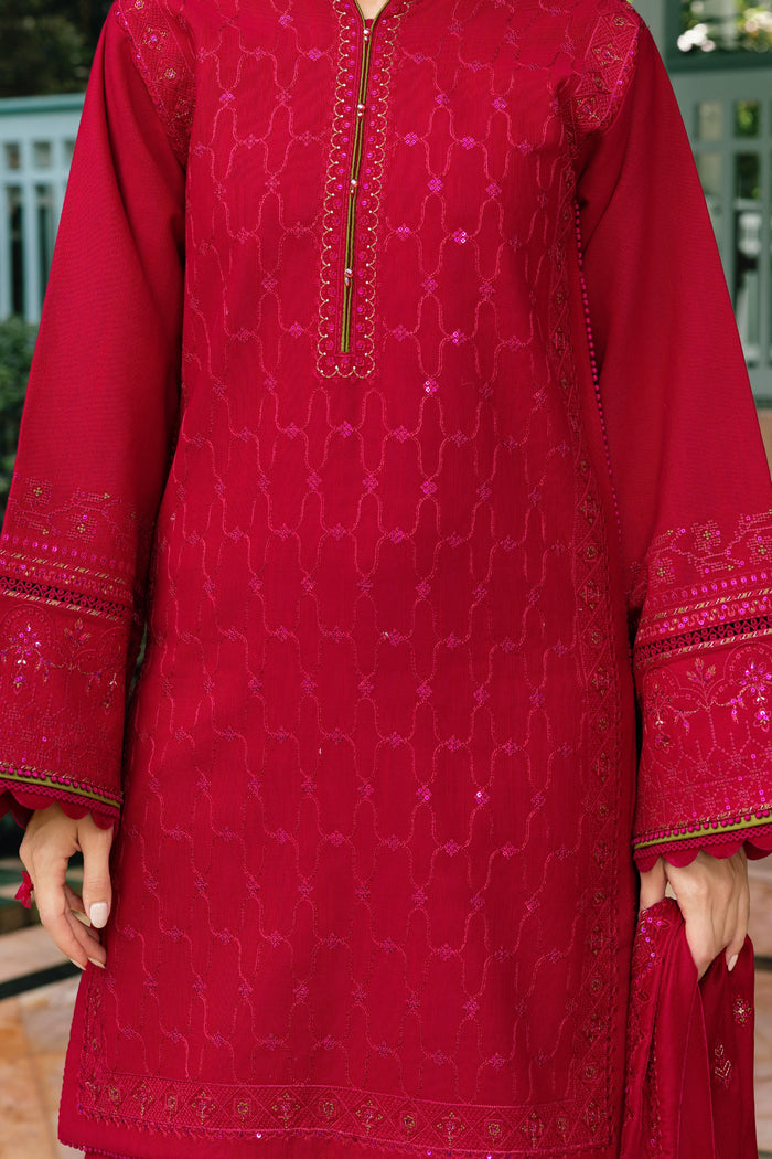 Red embroidered traditional outfit with a patterned design.
