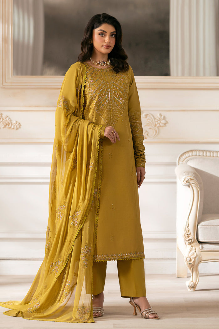 NAQSHI Nageena mustard cambric straight-cut shirt with delicate embroidery around round neckline and lace finish at hem