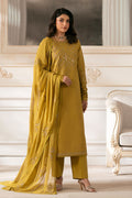 NAQSHI Nageena mustard cambric straight-cut shirt with delicate embroidery around round neckline and lace finish at hem
