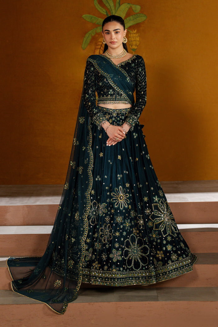 NAQSHI Narmeen zinc velvet 3-piece ready-to-wear embroidered lehenga set with gold floral motifs and scalloped net dupatta for weddings and festivals