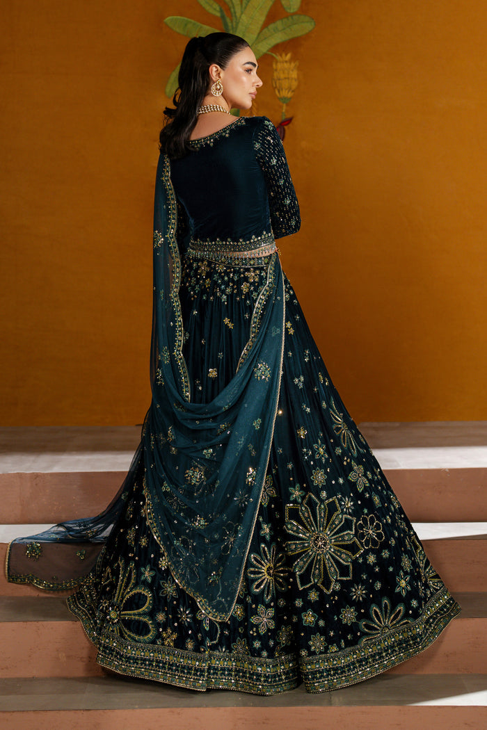 Side view of Narmeen zinc velvet lehenga showing rich embroidery, flare and matching embroidered dupatta — NAQSHI festive occasion wear