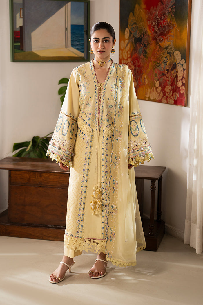 NAQSHI Nashiman light yellow embroidered lawn 3-piece outfit with cambric culottes and crinkle dupatta from Seran Summer Lawn Capsule collection