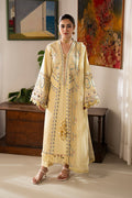 NAQSHI Nashiman light yellow embroidered lawn 3-piece outfit with cambric culottes and crinkle dupatta from Seran Summer Lawn Capsule collection