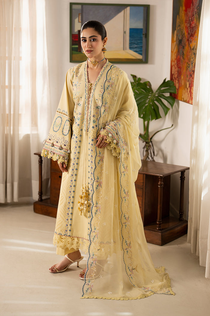 Full-length front view of NAQSHI Nashiman light yellow casual pret outfit showcasing detailed embroidery, culotte trousers and elegant summer styling