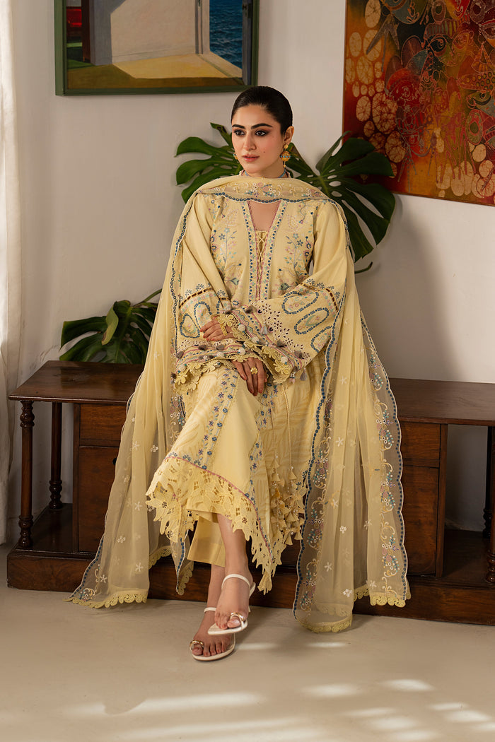 NAQSHI Nashiman light yellow 3-piece embroidered outfit with crinkle dupatta, embroidered borders and relaxed Eastern summer silhouette