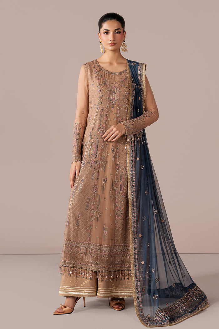 Navira peach 3-piece semi-formal outfit with embroidered Crinkle shirt, PK Raw Silk flared pants and contrast Net dupatta in a full front view.