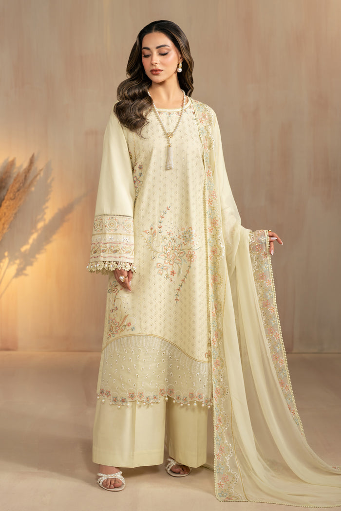 Nerissa light olive embroidered lawn 3 piece suit by NAQSHI, full front view straight shirt with white thread embroidery, cambric culotte trousers and crinkle dupatta, ready to wear summer outfit.