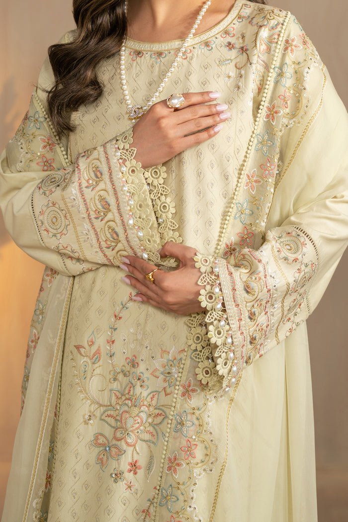 Close up of Nerissa shirt embroidery, neckline and sleeve lace border detailing, neat white thread work summer outfit.