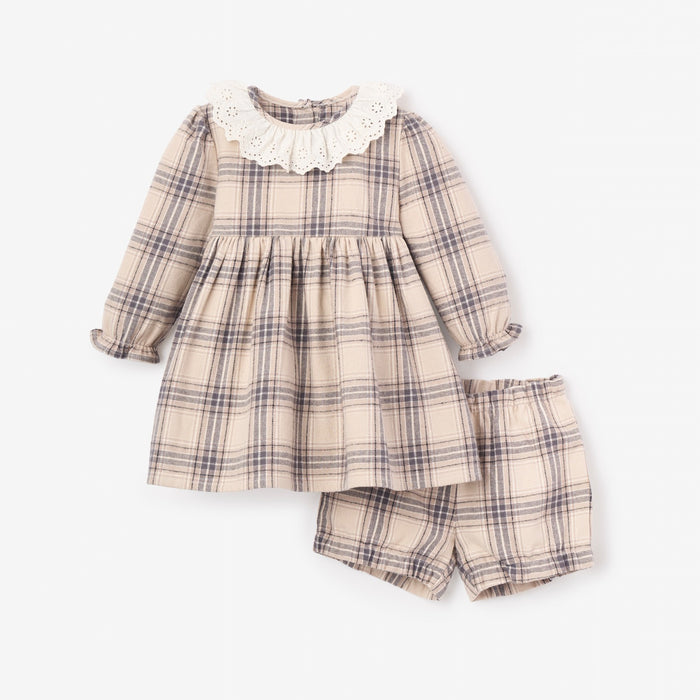Neutral Plaid Eyelet Collared Dress + Bloomer