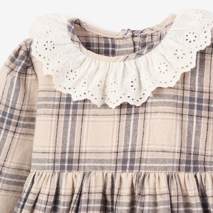 Neutral Plaid Eyelet Collared Dress + Bloomer