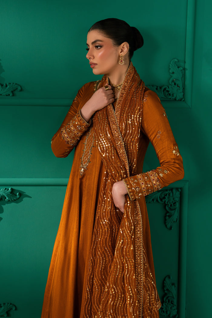 Three-quarter view of Nislihan highlighting the boat neckline, adda work, embroidered sleeves and rust Indian Raw Silk frock.