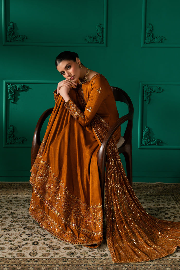 Seated view of Nislihan showing the rust panelled frock, embroidered hem border and draped Net dupatta.