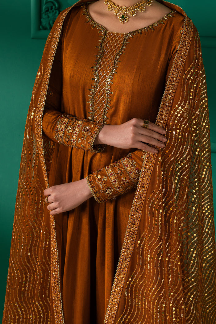 Close-up of Nislihan showing pure adda work, machine embroidery, sequins and detailed sleeve finishing on the rust frock.