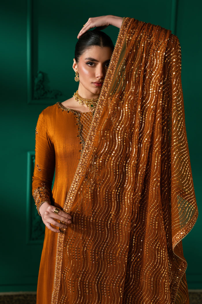 Close view of Nislihan with the embroidered rust Net dupatta draped over the head, showing its all-over sequin pattern and border.