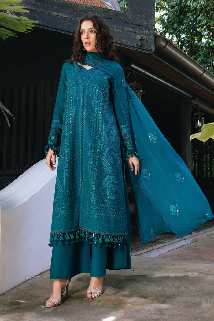 Close view of model wearing NAQSHI Noor Bano khaddar shirt with embroidered sleeves and motif details — casual winter pret outfit