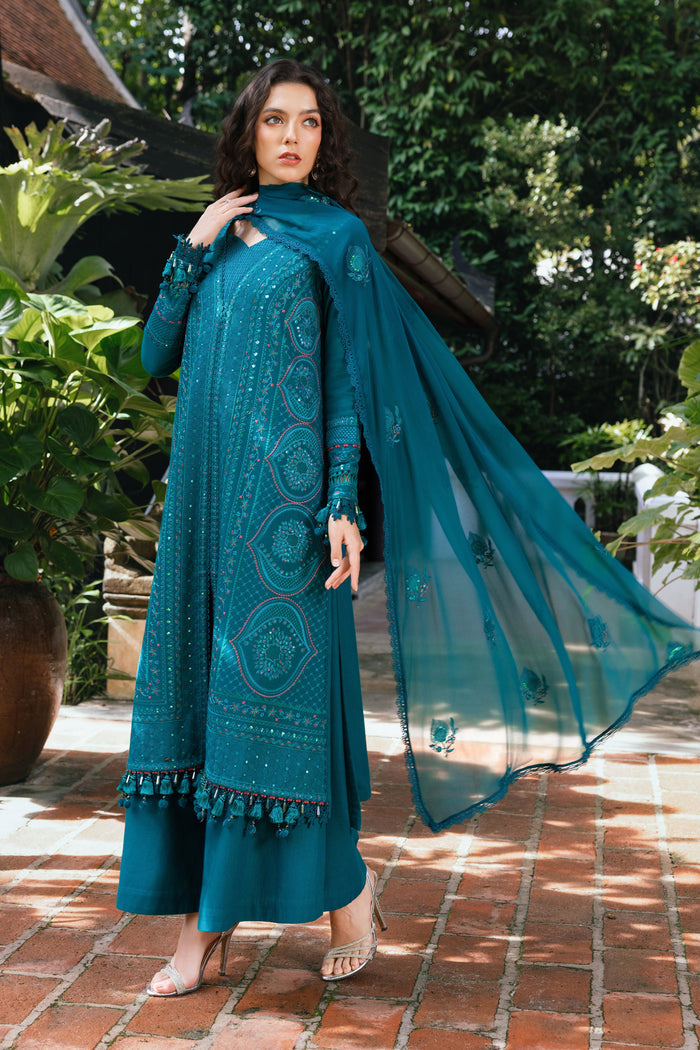 Tall full body shot of NAQSHI Noor Bano khaddar 3-piece ensemble with collared neckline, beadwork and embroidery casual pret for winter events.