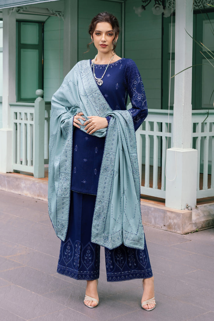 Woman in a blue traditional outfit with a light blue dupatta standing in front of a house.